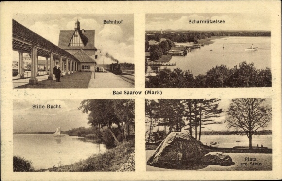 Postcard Bad Saarow Pieskow district Oder Spree, train station, Scharmützelsee, Quiet Bay, Platz am Stein