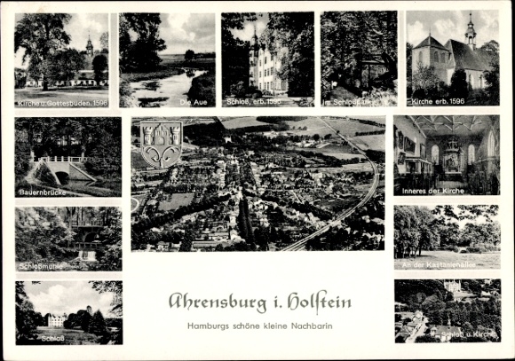 Ak Ahrensburg in Holstein,  Kirche, Bauernbrücke, Die Aue, Kastanienallee