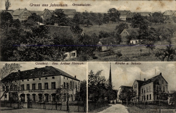Ak Jahnshain Kohren Sahlis Frohburg in Sachsen, Ortsansicht  Gasthof Arthur Heinich, Kirche, Schu