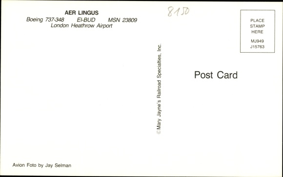 Postcard Irish Passenger Aircraft, AER LINGUS, Boeing 737-348, EI-BUD, MSN 23809