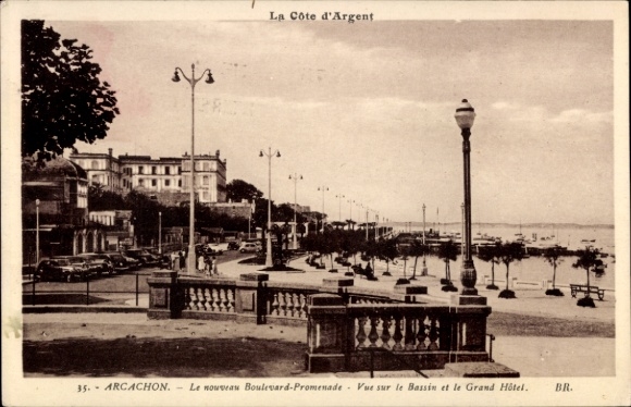 Ak Arcachon Gironde, boulevardpromenade, uitzicht op het bassin, Grand Hotel, Arcachon