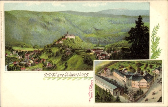 Kunstenaar litho Dutzauer, M., Schwarzburg im Schwarzatal Thüringen, C. Noeller's Hotel Thüringer Hof