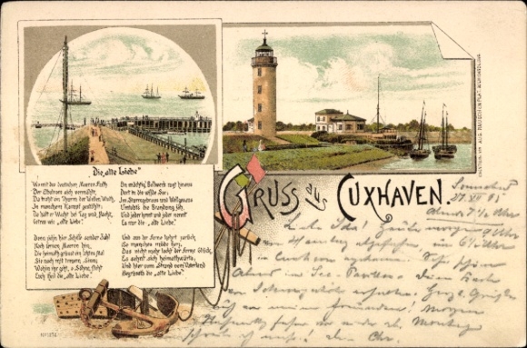 Precursor Chromo-Litho North Sea resort Cuxhaven, general view, lighthouse, poem Alte Liebe