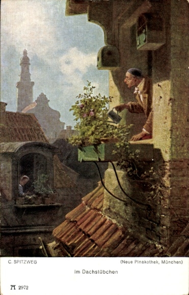 Artist Postcard Spitzweg, C., In the attic, man watering flowers