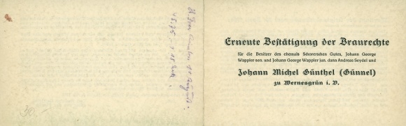 Postcard Wernesgrün, confirmation of the brewing rights for Johann Michel Günthel, Günnel, 1764