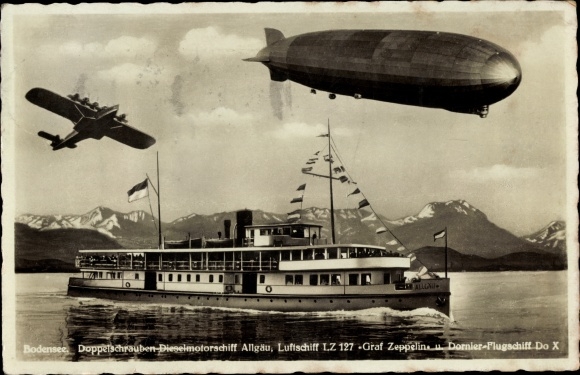 KP Bodensee, dwuśrubowy statek z silnikiem wysokoprężnym Allgäu, sterowiec LZ 127 Graf Zeppelin, Dornier Do X