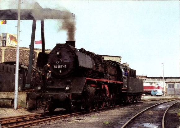 Postcard steam locomotive, locomotive BR 5035, 50 3571-2 in Rostock depot