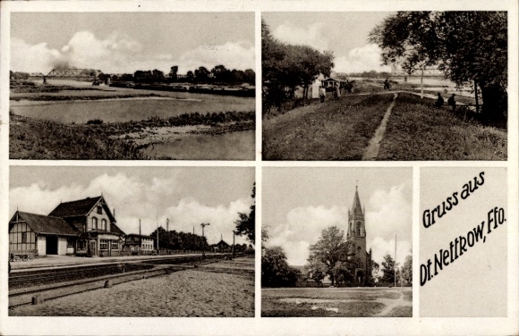 Ak Nietkowice Deutsch Nettkow Ostbrandenburg, Oder, Eisenbahnbrücke, Fährhaus, Bahnhof, Kirche
