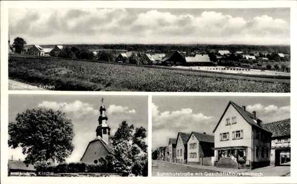 Postcard Groß Eichen Mücke in Hesse, church, Bahnhofstrasse, Laubach commercial building