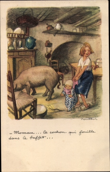 Artist Postcard Poulbot, Francisque, Children and Pig in a Kitchen