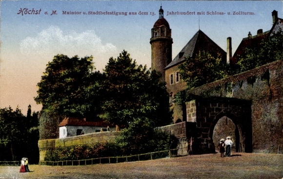 Ak Frankfurt Höchst, Maintor u. Stadtbefestigung aus dem 15. Jahrhundert mit Schloss u. Zollturm