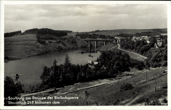Postcard Saalburg in Thuringia, Saalburg on the reservoir, Bleiloch dam, reservoir capacity 215 million cbm