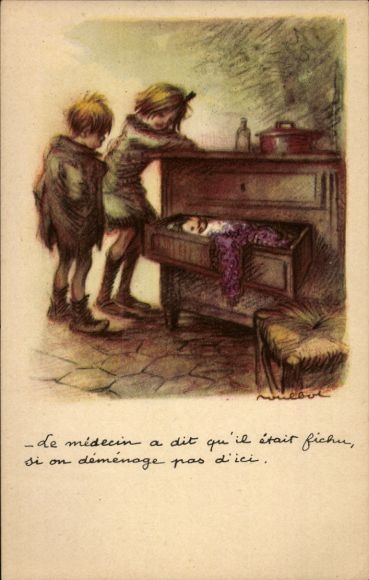 Artist Postcard Poulbot, Franciscque, Children, Baby sleeping in a drawer