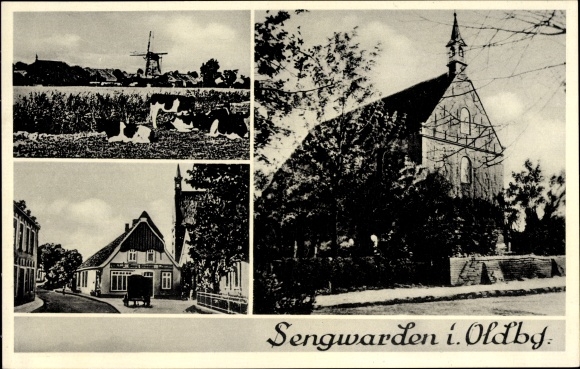 PC Sengwarden Wilhelmshaven in Lower Saxony, church, windmill, local section, cattle