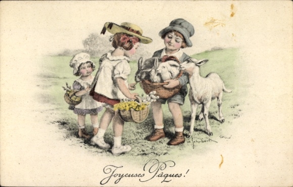 Ak Ostern, Kinder mit Lamm, Osterhasen im Korb