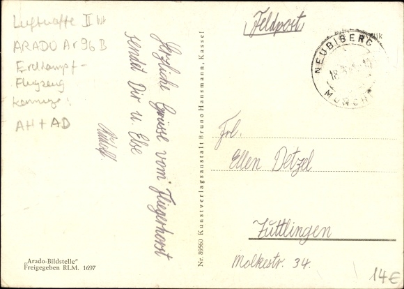 Postcard German Air Force, ground attack aircraft Arado Ar 96 B, AH+AD