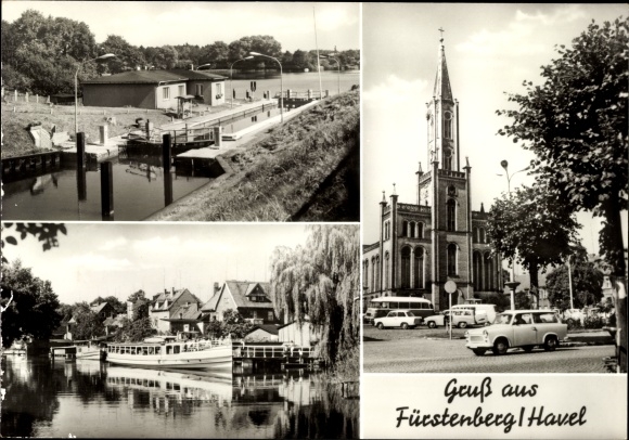 Postcard Fürstenberg on the Havel, lock, church, ship