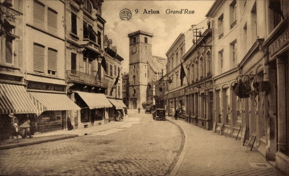 Postcard Arlon Aarlen Wallonia Luxembourg, street with clock tower, shops, cars, atmosphere