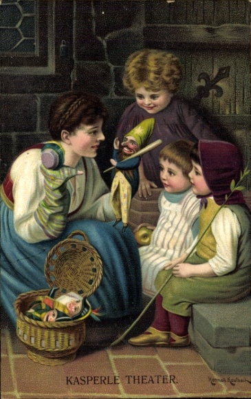 Artist Chromo-Litho Kaulbach, Hermann, Kasperle Theater, children, mother, hand puppets