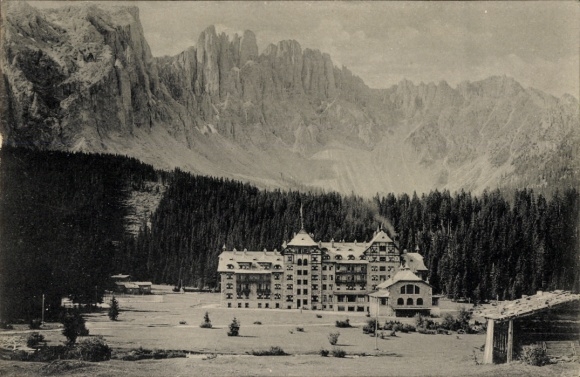 Ak Lago di Carezza Karersee Südtirol, Karersee-Hotel, Latemar, Berge, Wald, 