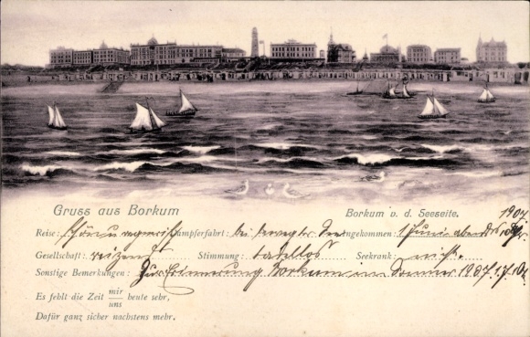 Postcard North Sea resort Borkum in East Frisia, Borkum seaside, coastal view, boats on the water