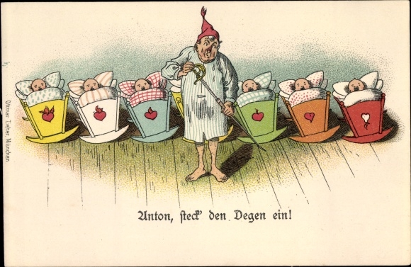 Chromo-Litho Anton, put the sword away, father with six children, humor