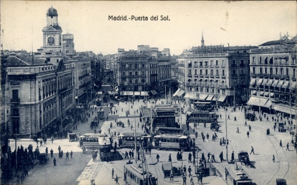 Postcard Madrid Spain, Puerta del Sol, busy streets, trams, buildings