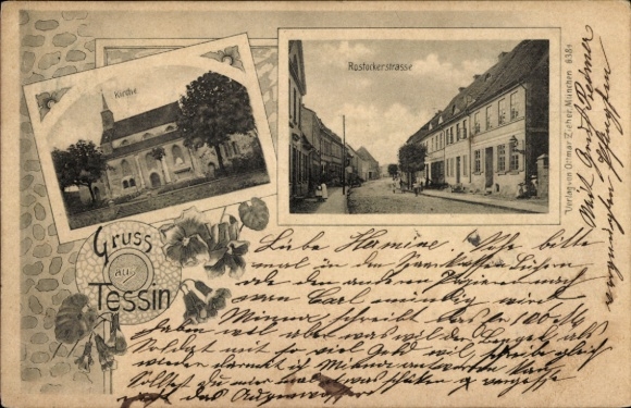 Passepartout Ak Tessin in Mecklenburg, Kirche, Rostocker Straße