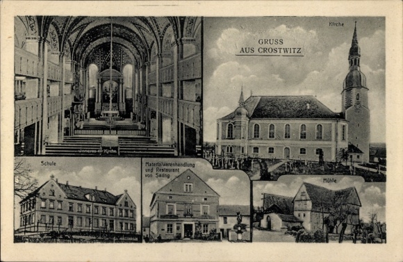 Ak Crostwitz in der Oberlausitz,  Kirche, Schule, Restaurant, Mühle