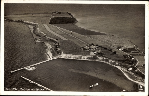 Postcard Island Oie, island courtyard with harbor, aerial photo