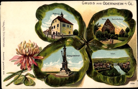 Klaverblad litho Odernheim am Glan Rijnland-Palts, oorlogsmonument, stadhuis, ruïnes, totaaloverzicht