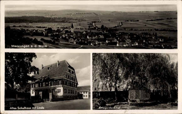Ak Merklingen an der Würm Weil der Stadt in Württemberg, Gesamtansicht, Schulhaus, Kriegerdenkmal