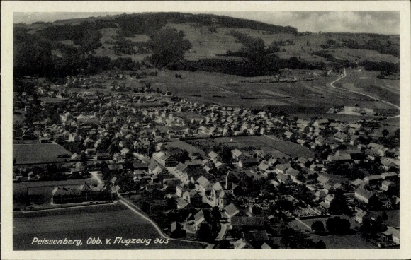 Postcard Peissenberg Peißenberg in Upper Bavaria, aerial view of landscape, houses, church, surroundings