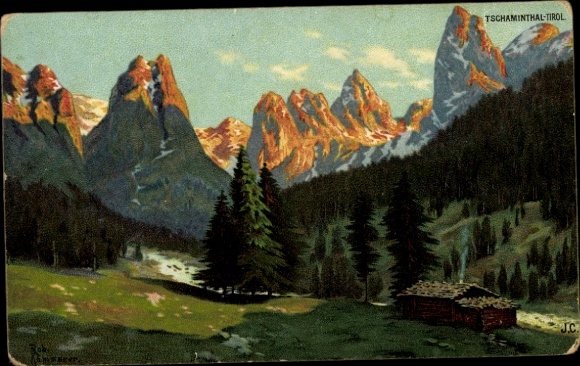 Künstler Litho Tschaminthal, Hütte vor Gebirgspanorama