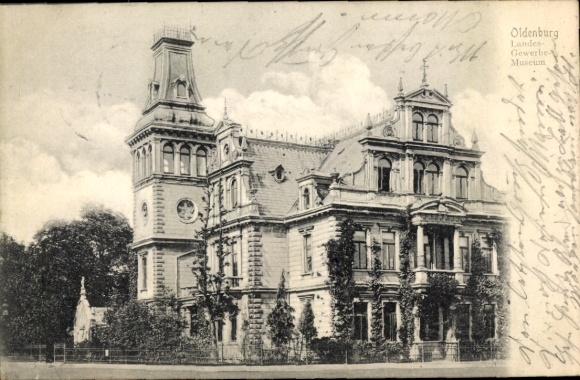 Postcard Oldenburg in Holstein, State Trade Museum, s building, clock tower, garden