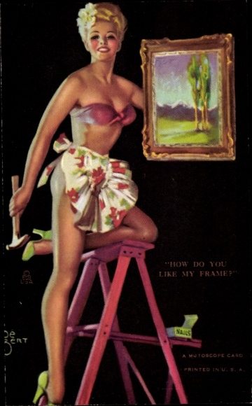 Artist Postcard Mozert, Zoe, woman nailing picture to the wall, pin-up, bare leg, breasts