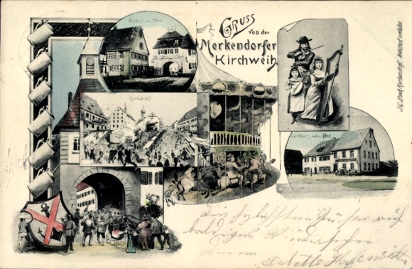 Postcard Merkendorf in Middle Franconia, church fair, carousel, market square, Red Horse Inn, musicians