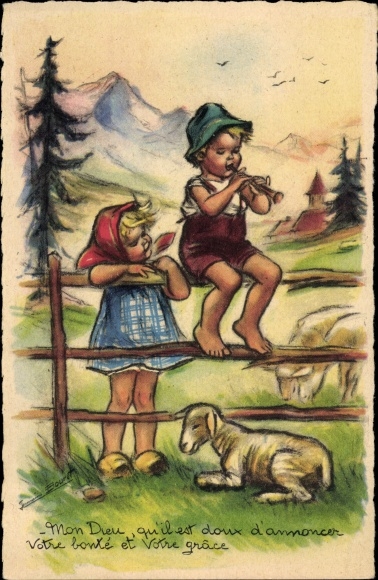 Artist PC Bouret, Germaine, boy with flute, girl, sheep