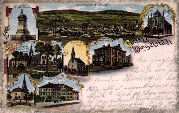 Litho Dingelstädt Thüringen, Gertrudenkirche, Krankenhaus, St. Joseph Institut, Kriegerdenkmal