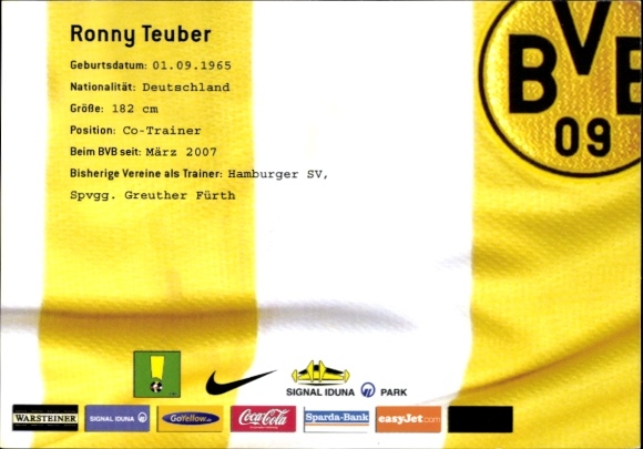Autograph card Co-Trainer Ronny Teuber, BVB 09, Borrussia Dortmund, autograph