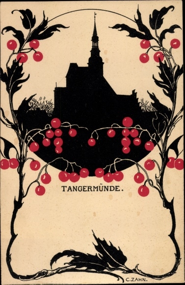 Paper cut artist Postcard Zahn, C., Tangermünde on the Elbe, fruits, rowan berries, town hall