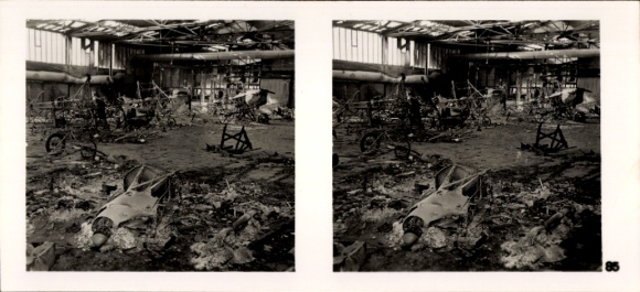Stereo image photo "The Fight in the West" No. 85, French aircraft shed destroyed by Stukas