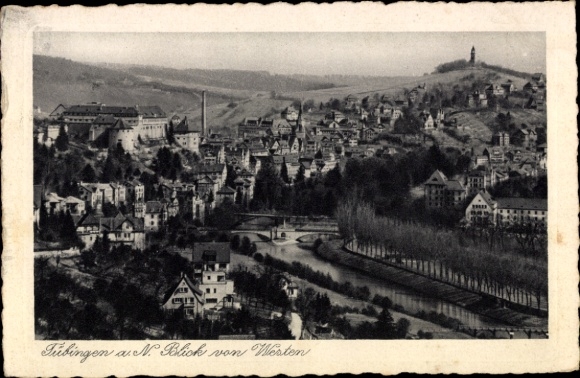 KP Tübingen am Neckar, black and white picture, city view, river, hills, trees