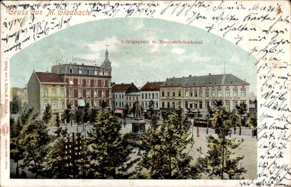 Postcard Mönchengladbach on the Lower Rhine, Königsplatz with Bismarck monument