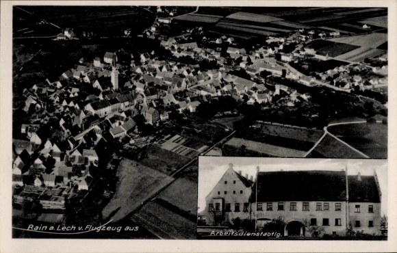 Postcard Rain am Lech Schwaben, aerial view of the building, labor service department