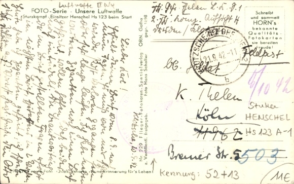 Postcard German Air Force, fighter aircraft, crash single-seater fighter Henschel Hs 123, 52 13