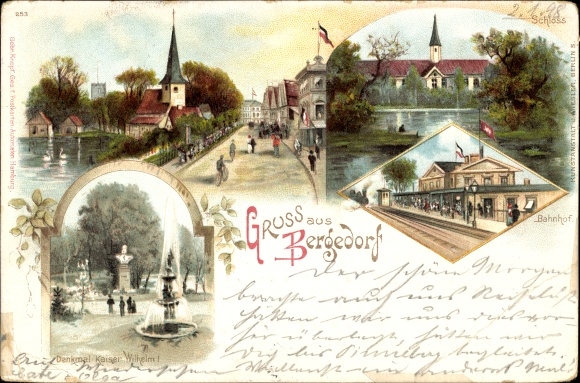 Chromo-Litho Hamburg Bergedorf, castle, train station, track side, Kaiser Wilhelm I monument, street section