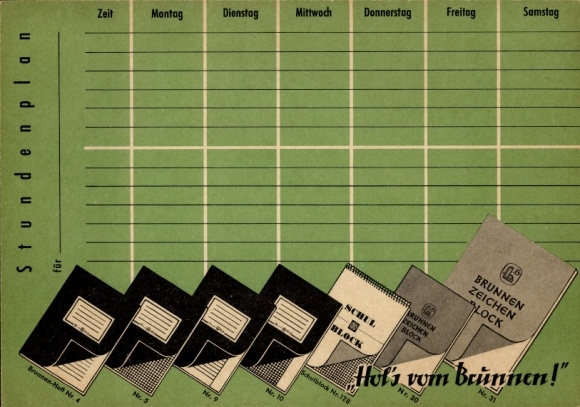 Timetable advertising fountain drawing pad school pad, map of North Rhine-Westphalia East around 1960