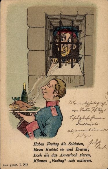 Artist Postcard criminal in prison, innkeeper with roast, rhyme
