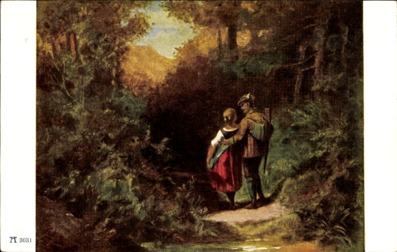 Artist Postcard Spitzweg, Carl, stalking, lovers, hunter